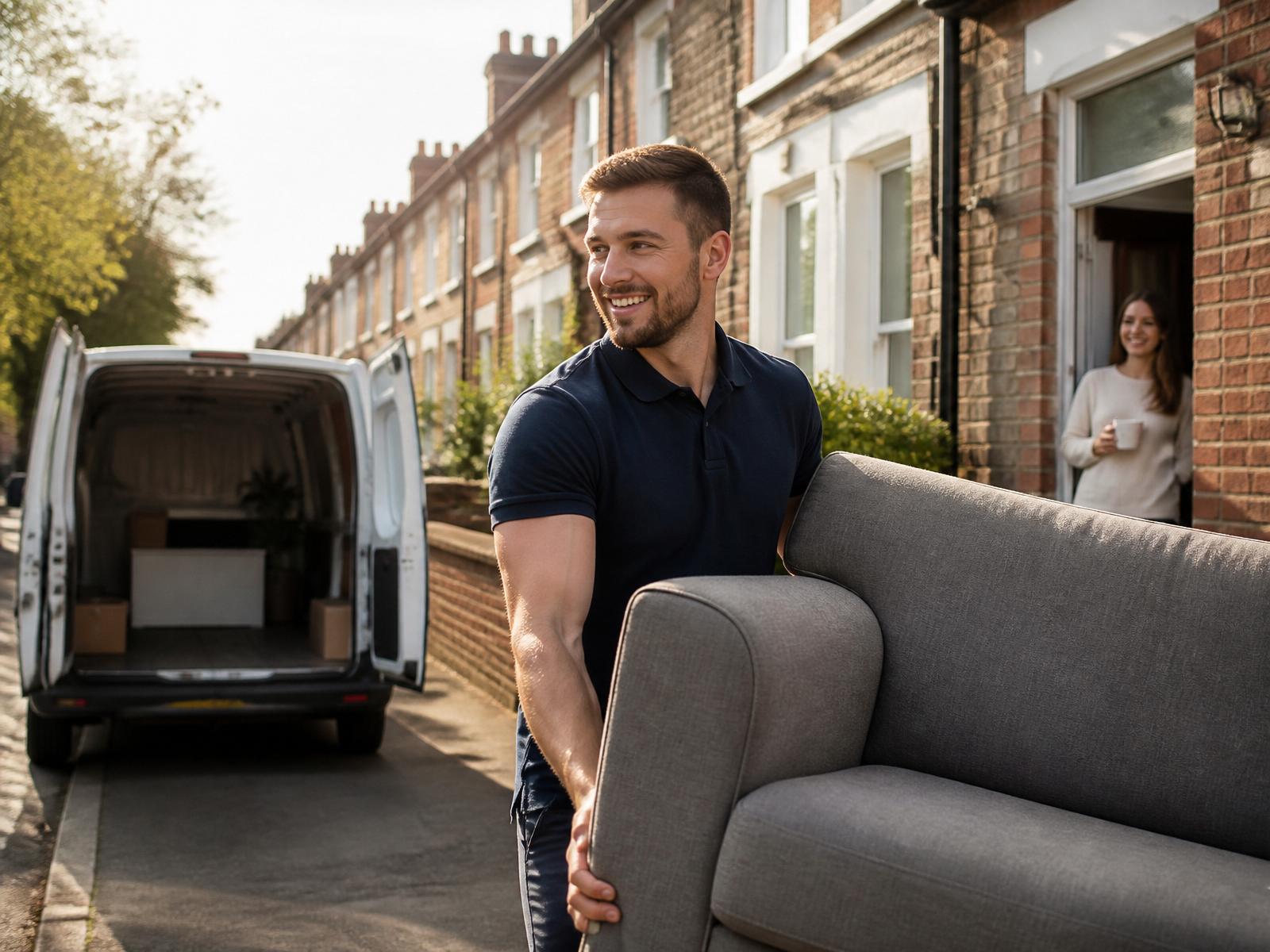 A mover carrying a sofa out of a home to a waiting van