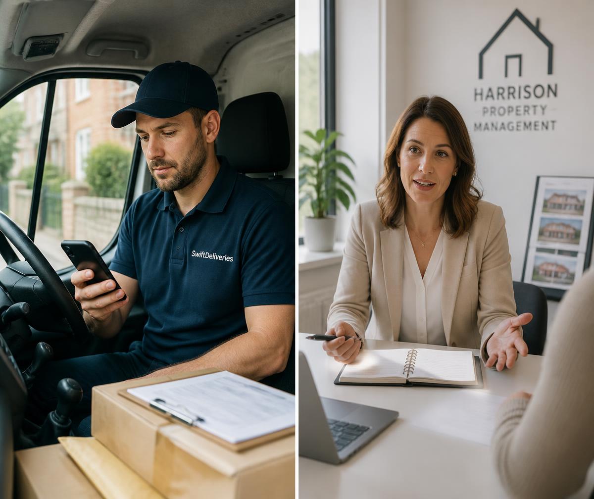 Split view of a van driver checking a route and a property manager coordinating in an office